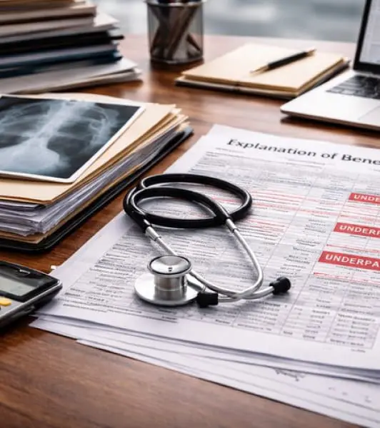 Healthcare provider reviewing documentation for an insurance underpayment appeal Healthcare provider reviewing documentation for an insurance underpayment appeal