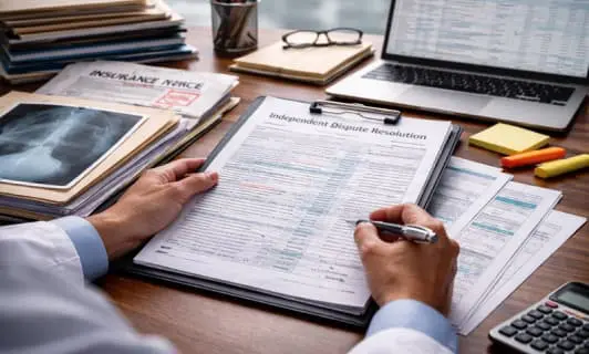 Provider reviewing documents for a No Surprises Act arbitration submission Provider reviewing documents for a No Surprises Act arbitration submission