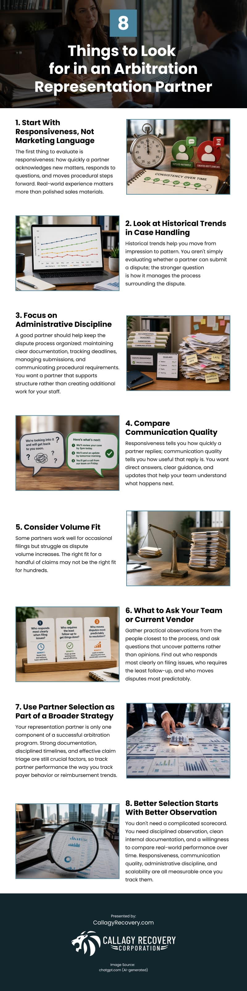 8 Things to Look for in an Arbitration Representation Partner Infographic 8 Things to Look for in an Arbitration Representation Partner Infographic
